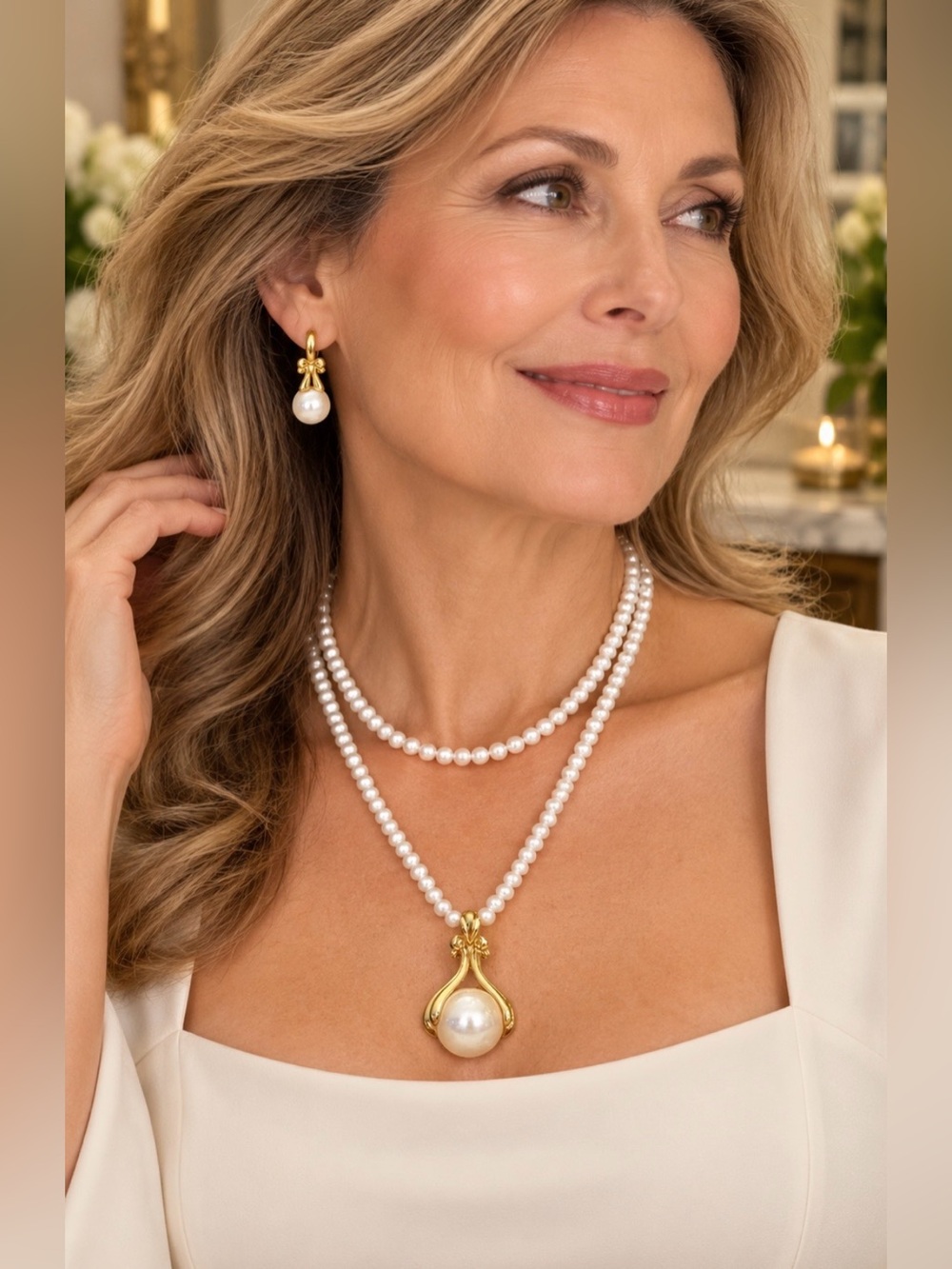 AVON pearl bead necklace and earring set